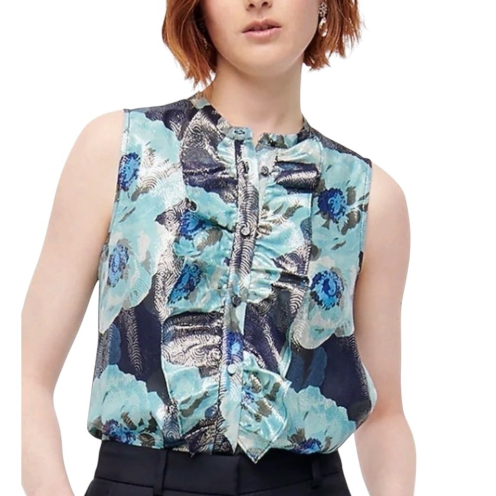 J.Crew Metallic Floral Ruffle Sleeveless Blouse Blue Silk Blend AJ284 XXL NEW